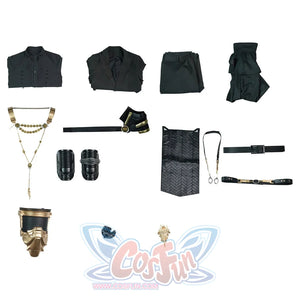 Final Fantasy XV Noctis The Chosen King cosplay costume presents various black garments paired beside ornate gold-tone armor.