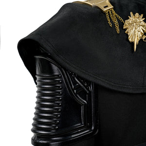 Final Fantasy XV Noctis The Chosen King cosplay costume layers a black fabric cape over rigid shoulder armor plating.