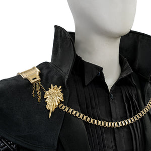 Final Fantasy XV Noctis The Chosen King cosplay costume layers a gold-tone brooch and hanging chains over the coat.