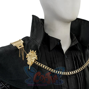 Final Fantasy XV Noctis The Chosen King cosplay costume layers a gold-tone brooch and hanging chains over the coat.