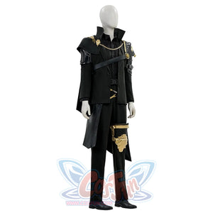 Final Fantasy XV Noctis The Chosen King cosplay costume layers a structured black jacket over matching tailored trousers.