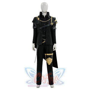 Final Fantasy XV Noctis The Chosen King cosplay costume layers a black suit under gold-tone shoulder armor and a leg plate.