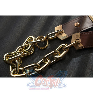 Genshin Impact Noelle cosplay belt chain detail focuses on gold-tone links over brown straps.
