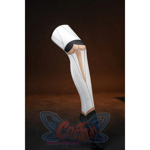 Genshin Impact Noelle cosplay leg accessory front view shows white panels over sheer stockings.