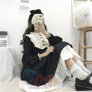 O-Neck High Waist Contrast-Color Ruffled Sweet Lolita Dress Kawaii Clothing J30089
