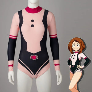 COSFUN Ochaco Uraraka cosplay swimsuit centers a pink and black bodysuit cut with red sleeve bands.