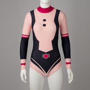 COSFUN My Hero Academia Ochaco Uraraka cosplay swimsuit centers a pink and black bodysuit below a red collar.