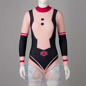 COSFUN My Hero Academia Ochaco Uraraka cosplay swimsuit centers a pink and black bodysuit below a red collar.