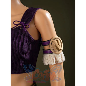 One Piece Nico Robin cosplay arm band detail anchors a round resin accent over purple and cream sleeve bands.