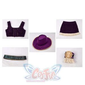 One Piece Nico Robin cosplay costume set flat lay arranges the top, skirt, belt, arm band, and felt hat.