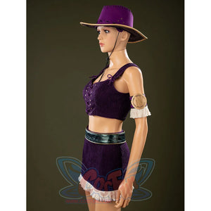 One Piece Nico Robin cosplay costume side view stacks the laced top over the green belt and short skirt.