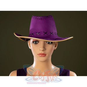 One Piece Nico Robin cosplay felt hat close-up frames a purple crown, stitched brim, and gold-tone edge.