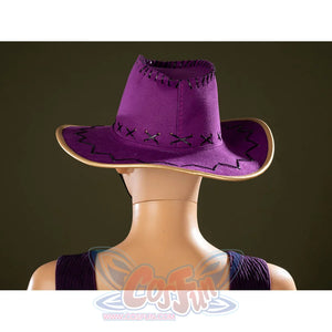 One Piece Nico Robin cosplay hat back detail curves purple felt over black stitching and a gold-tone brim.