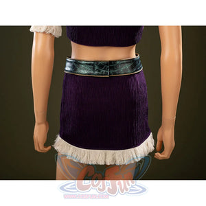 One Piece Nico Robin cosplay skirt back detail sets purple jacquard fabric above cream fringe trim.