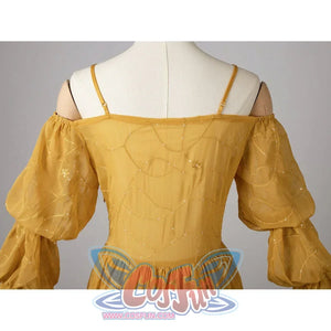 Padmé Amidala cosplay dress back bodice detail with golden sheer fabric and puff sleeves.