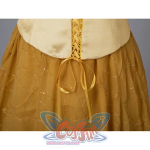 Padmé Amidala cosplay corset hem at the back with ribbon lacing above the gathered golden skirt.