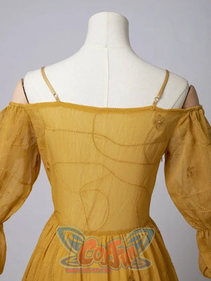 Star Wars Padme Amidala cosplay back neckline detail frames slim straps over the off-shoulder bodice.