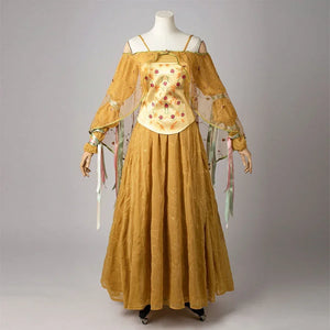 Padmé Amidala cosplay costume front view with a floral satin corset over a golden skirt beneath sheer puff sleeves.