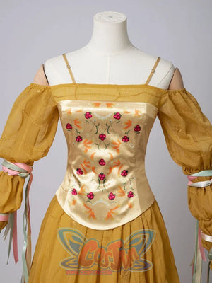 Star Wars Padme Amidala cosplay corset detail centers rose embroidery above the gathered yellow skirt.