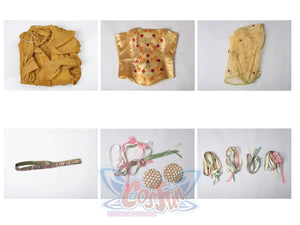 Star Wars Padme Amidala cosplay full set flat lay gathers dress pieces, corset, headband and ribbons.