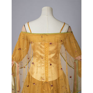 Star Wars Padme Amidala cosplay back detail layers sheer floral sleeves over a gold lace-up corset.