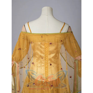 Star Wars Padme Amidala cosplay back detail layers sheer floral sleeves over a gold lace-up corset.