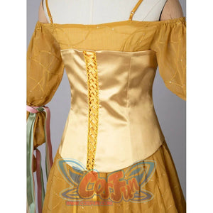 Padmé Amidala cosplay corset back detail with golden satin panels and lace-up ribbon.