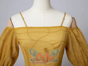 Star Wars Padme Amidala cosplay neckline detail sets slim straps above off-shoulder puff sleeves.