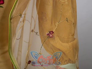 Padmé Amidala cosplay sleeve detail with golden sheer layers and pastel ribbon trim.