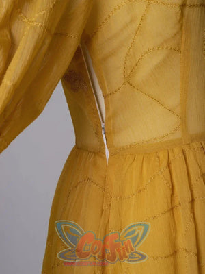 Star Wars Padme Amidala cosplay side closure detail sets a hidden zipper beneath sheer golden fabric.