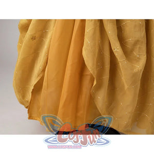 Padmé Amidala cosplay skirt hem detail with layered golden fabric and embroidered curved lines.