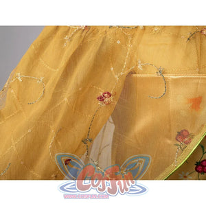 Padmé Amidala cosplay sleeve close-up with delicate floral embroidery on golden sheer fabric.