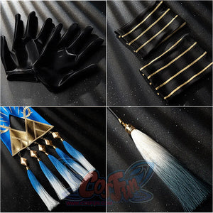 Wuthering Waves Phoebe cosplay accessory set pairs black gloves and striped cuffs beside blue ombre tassels
