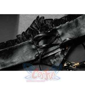 Wuthering Waves Phrolova cosplay back lacing panel flat lay highlights black straps and ruffled trim.