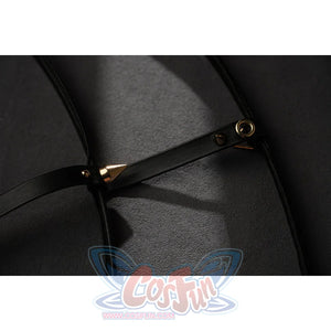 Wuthering Waves Phrolova cosplay black strap detail shows gold-tone rivets and slim faux leather.