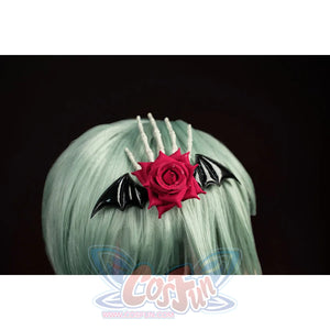 Wuthering Waves Phrolova cosplay rose headpiece close-up frames red petals with silver-tone spikes.