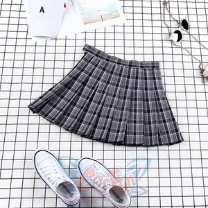Plaid Uniform A-Line Hight Waist Pleated Skirt C00025 Black / S