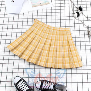 Plaid Uniform A-Line Hight Waist Pleated Skirt C00025 Yellow / S