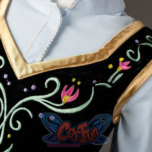 Princess Anna cosplay dress bodice detail sets colorful floral embroidery against black velvet and gold-tone trim.