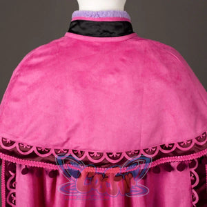 Princess Anna cosplay cape back detail layers bright magenta velvet above scalloped trim and dark tassels.