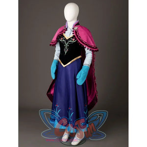 Anna cosplay dress angled view frames the embroidered black bodice beneath a scalloped magenta cloak.