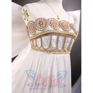 Princess Serenity cosplay gown dress centers satin and organza bodice layers with pearl-like accents.