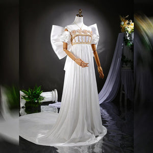 COSFUN Princess Serenity cosplay gown dress pairs a white satin bodice with a flowing organza skirt and large back bow.