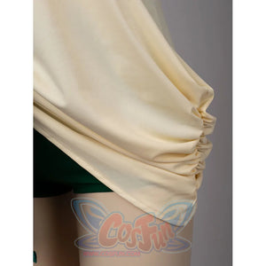 Princess Zelda cosplay swim dress side drape detail layers cream fabric over the green lower piece.