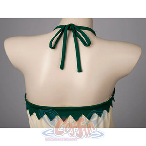 Princess Zelda cosplay swim dress halter tie detail centers a green bow behind the neck.