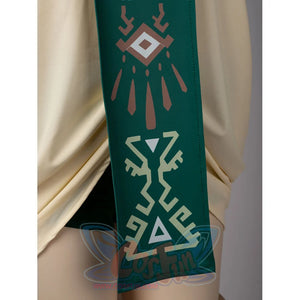 Princess Zelda cosplay swim dress panel detail centers geometric green motifs and pale printed accents.