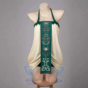 COSFUN Princess Zelda cosplay swim dress layers cream draped fabric over a green center panel.