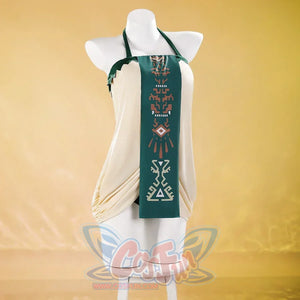 Princess Zelda cosplay swim dress full front view centers cream draping and the green patterned panel.