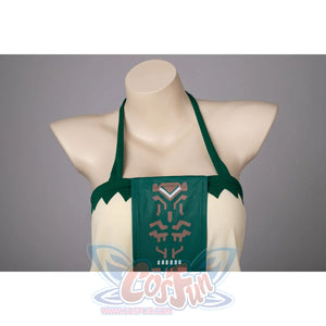 Princess Zelda cosplay swim dress neckline detail centers the green halter trim and patterned front panel.