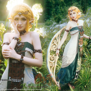 The Legend of Zelda Tears of the Kingdom Princess Zelda cosplay off-white gown traces leather patterned panel.